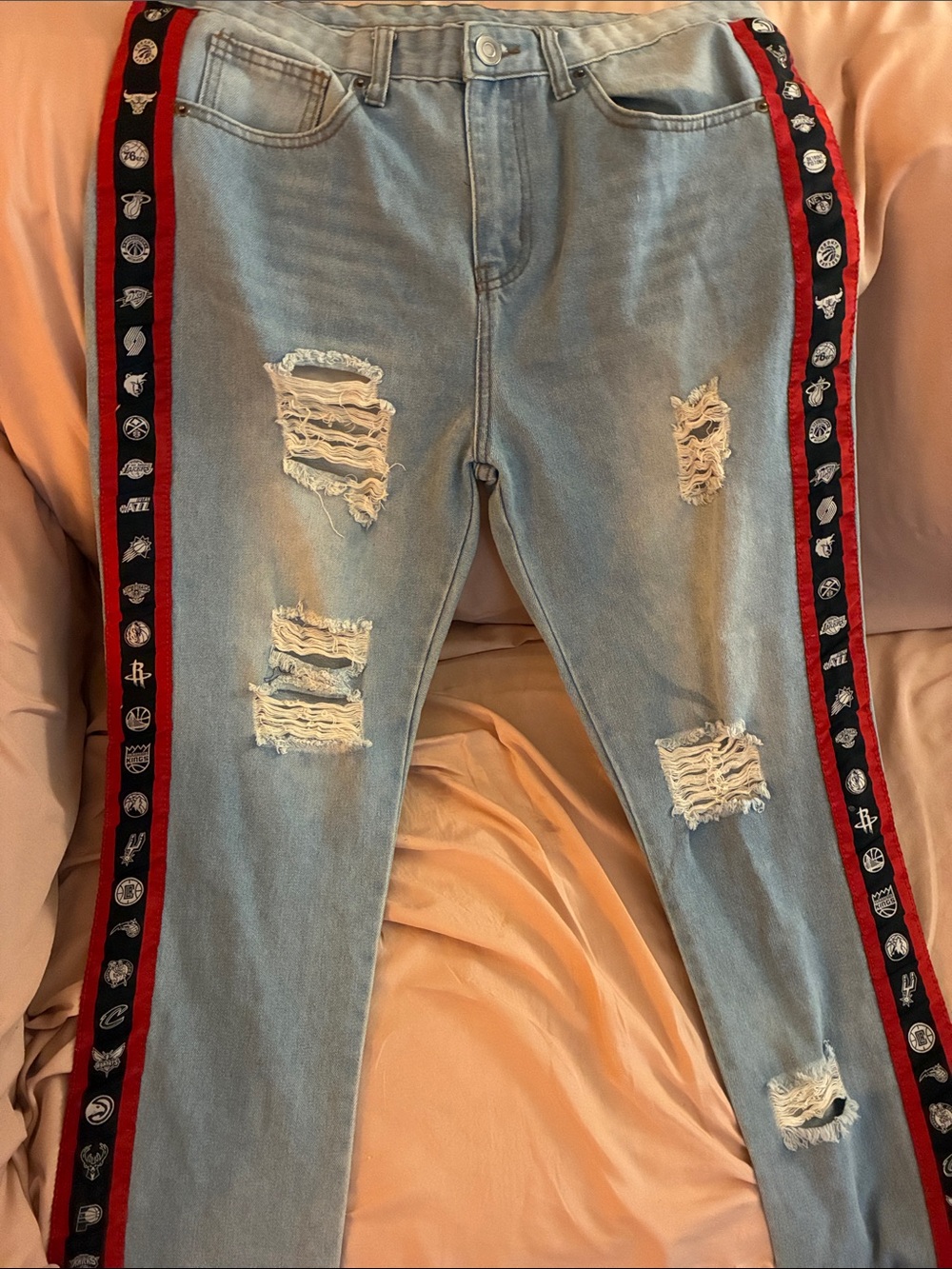 NBA Light Blue Straight Jeans with Red & Black Side Tape